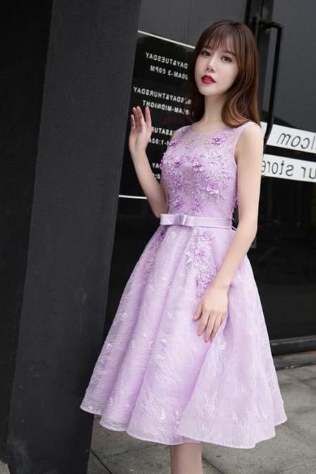 Light purple lace A line short prom dress,evening dress
