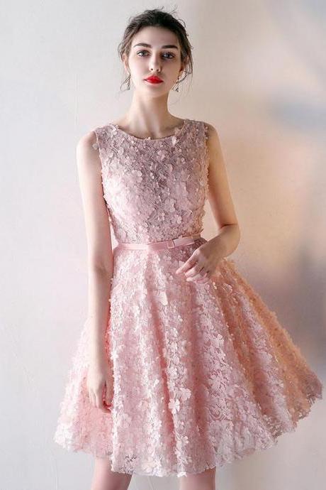 Pink 3D lace short prom dress,pink bridesmaid dress