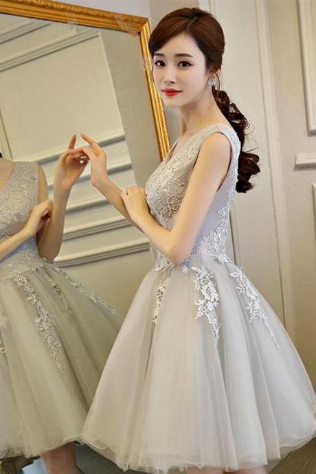 Gray V Neck Lace Tulle Short Prom Dress,homecoming Dress
