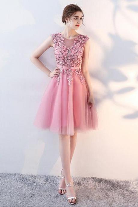 Pink Lace Applique Short A Line Prom Dress,pink Evening Dress