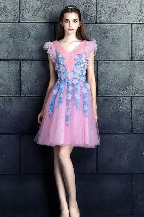 Pink V Neck Applique Tulle Short Prom Dress,pink Homecoming Dress