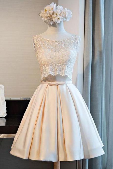 Champagne Lace Two Pieces Short Prom Dress
