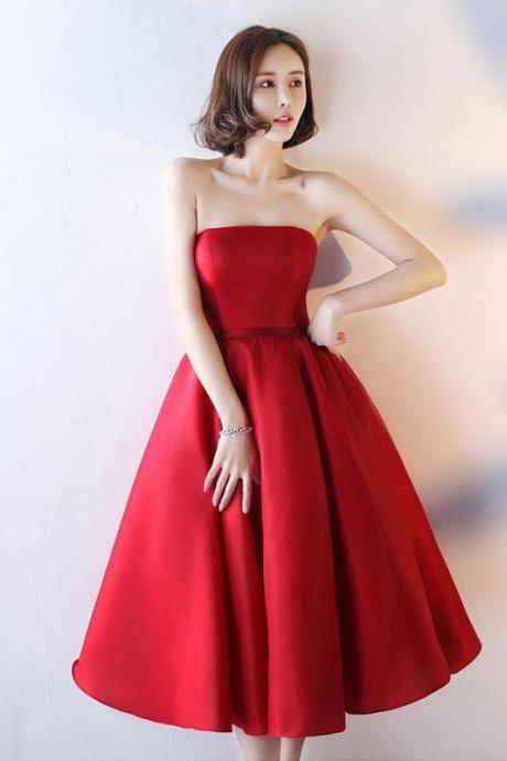Simple Red Strapless Tea Length Prom Dress,red Evening Dress