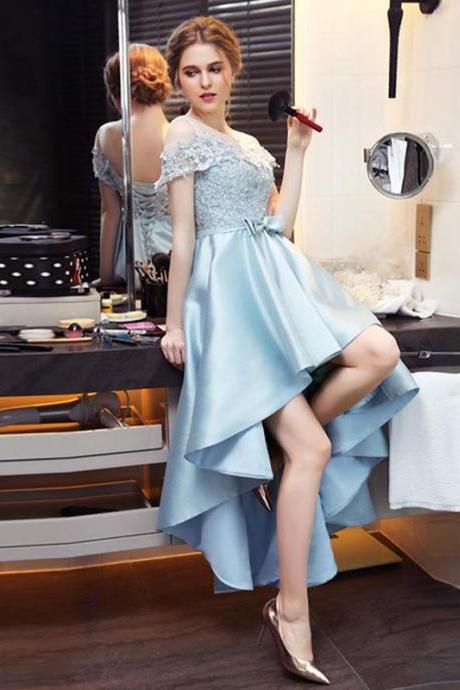 Light Blue Satin Lace Prom Dress,evening Dress