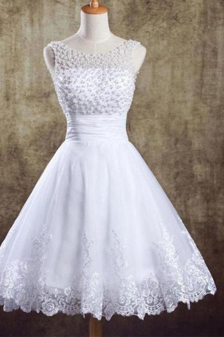 White Round Neck Lace Short Prom Dress,white Evening Dress
