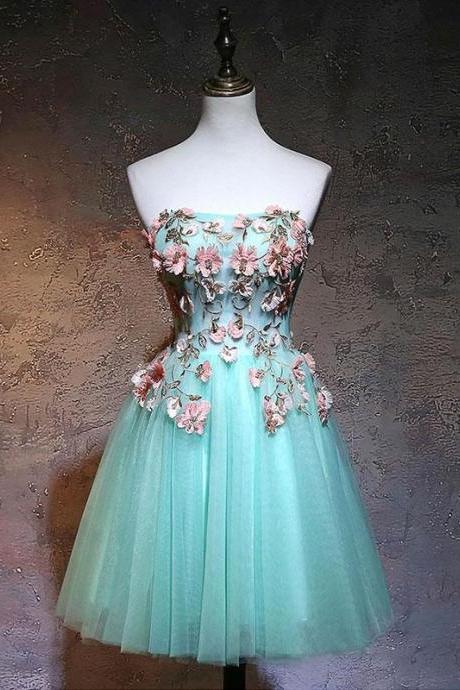 Green Tulle Lace Applique Short Prom Dress