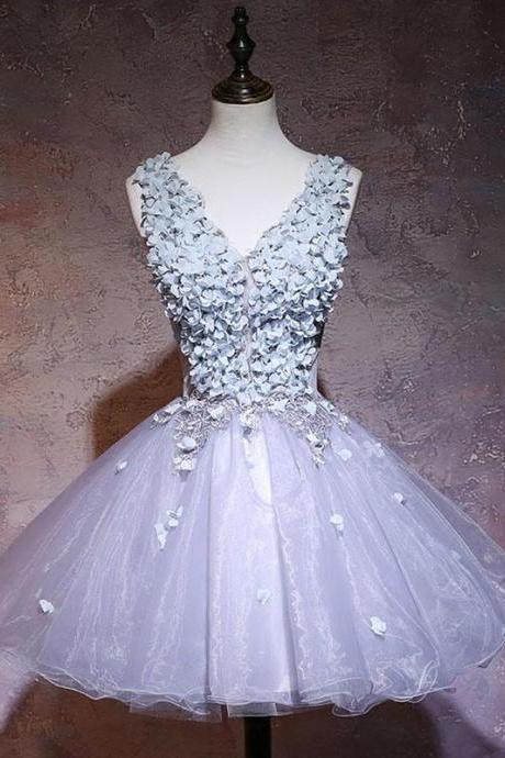 Gray V Neck Applique Short Prom Dress,homecoming Dress