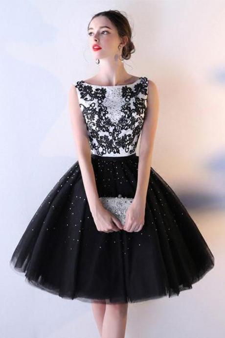 Black lace tulle short prom dress,black evening dress