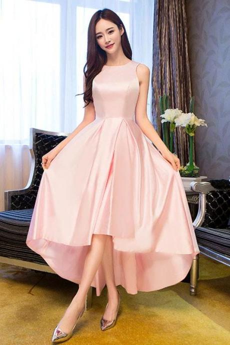 Simple Pink Satin Tea Length Prom Dress,pink Evening Dress