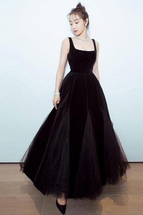 Black Velvet Tulle Tea Length Prom Dress,black Evening Dress