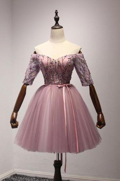 Cute Pink Tulle Lace Short Prom Dress,homecoming Dress