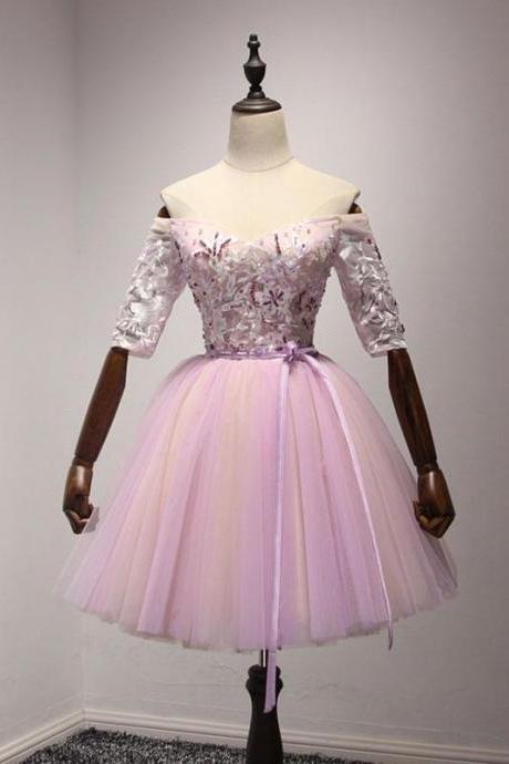 Pink Tulle Lace Short A Line Prom Dress,homecoming Dress