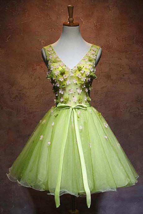 Green v neck tulle short prom dress,green homecoming dress