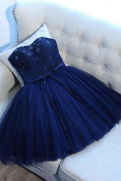 Blue Sweet Neck Tulle Short Prom Dress, Evening Dress