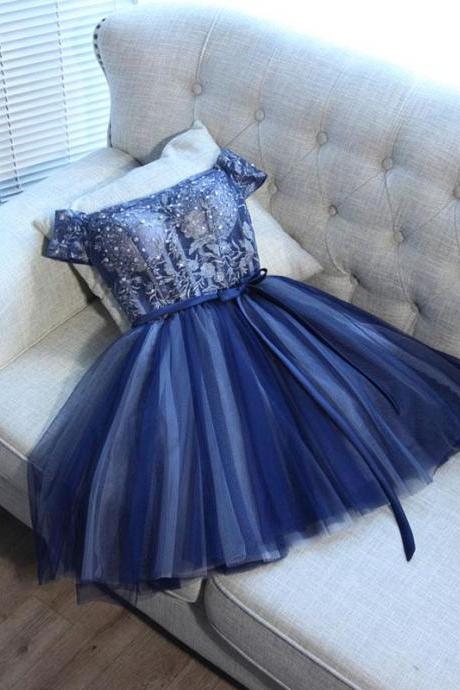 Blue Lace Off Shoulder Short Prom Dress,blue Evening Dress