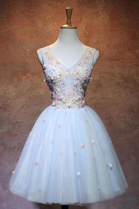 Blue V Neck Tulle Short Prom Dress,homecoming Dress