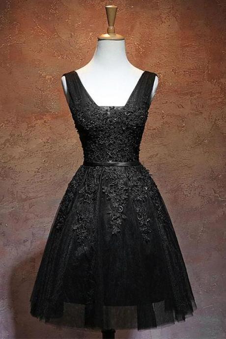 Black V Neck Tulle Lace Short Prom Dress,black Homecoming