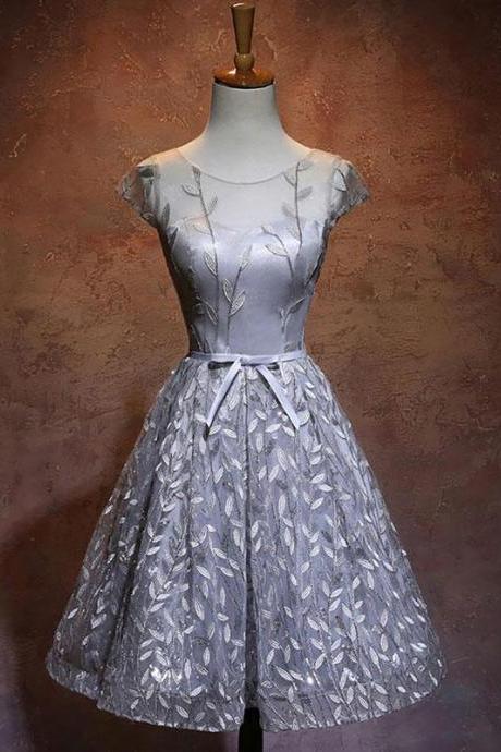 Gray Round Neck Lace Short Prom Dress,homecoming Dress