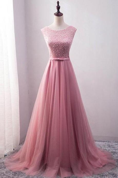 Pink Tulle Long A Line Prom Dress,pink Evening Dress
