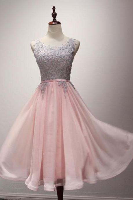 Pink Tulle Lace A Line Tea Length Prom Dress,pink Evening Dress