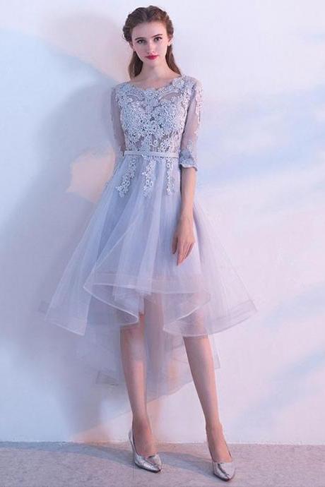 Gray Lace Tulle High Low Prom Dress,gray Evening Dress