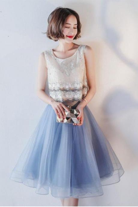 Blue Lace Tulle Knee Length Prom Dress,homecoming Dress