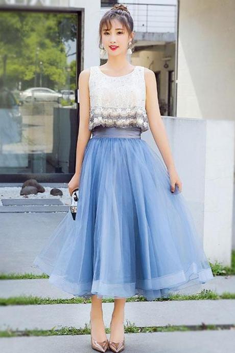 Blue Lace Tulle Tea Length Prom Dress,homecoming Dress