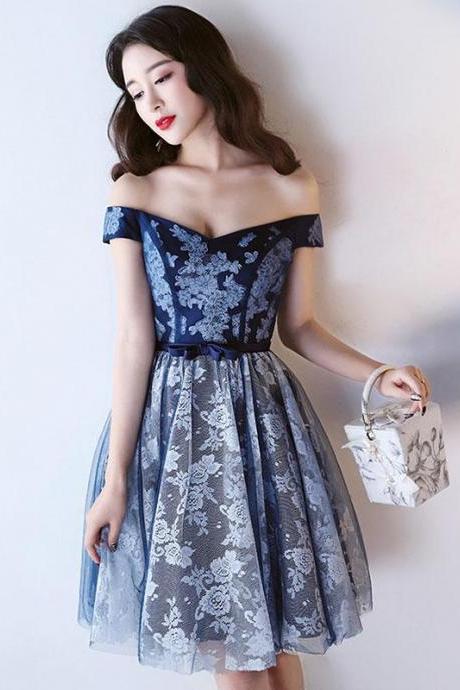 Dark Blue Lace Short Prom Dress,homecoming Dress