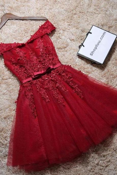 Burgundy Lace Off Shoulder Short Prom Dress,lace Evening Dress