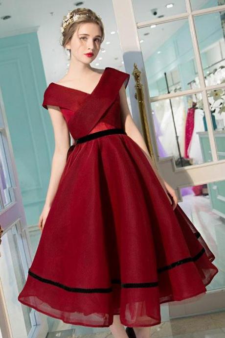 Burgundy V Neck Tea Length Prom Dress,burgundy Evening Dress