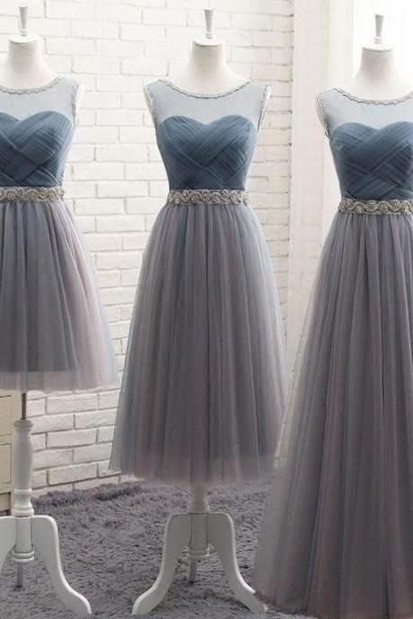 Gray round neck tulle prom dress,gray evening dress