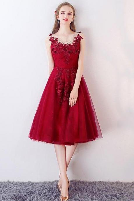 Burgundy Lace Tulle Short Prom Dress,lace Evening Dress