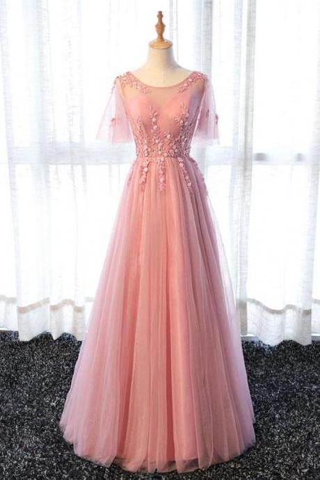 Pink A Line Tulle Lace Long Prom Dress,lace Evening Dress