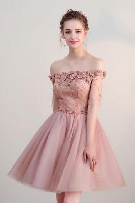 Pink Lace Off Shoulder Short Prom Dress,pink Homecoming Dress