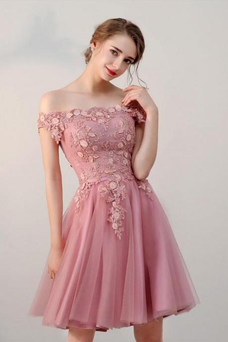 Pink Lace Tulle Short Prom Dress,pink Evening Dresses