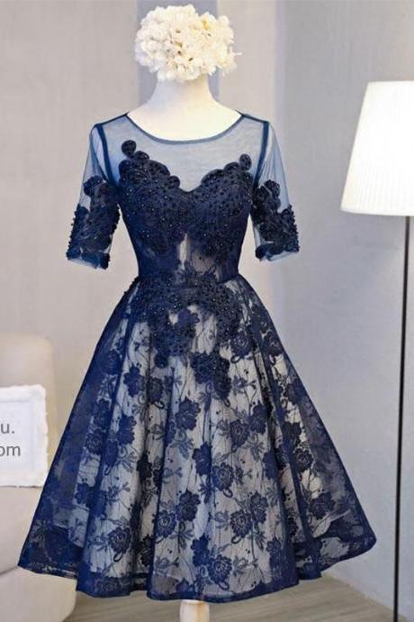 Cute Dark Blue Lace Short Prom Dress,blue Homecoming Dress