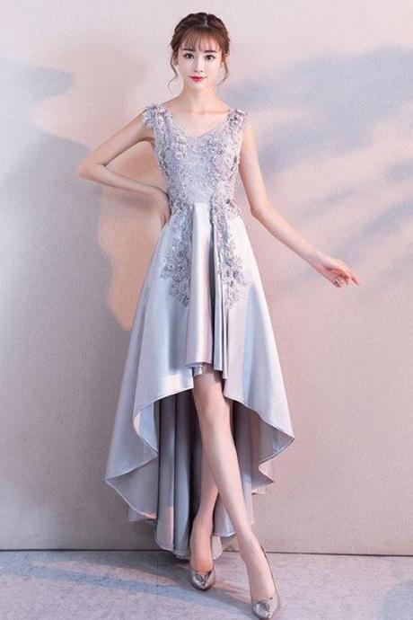 Gray Lace Satin High Low Prom Dress,lace Evening Dress