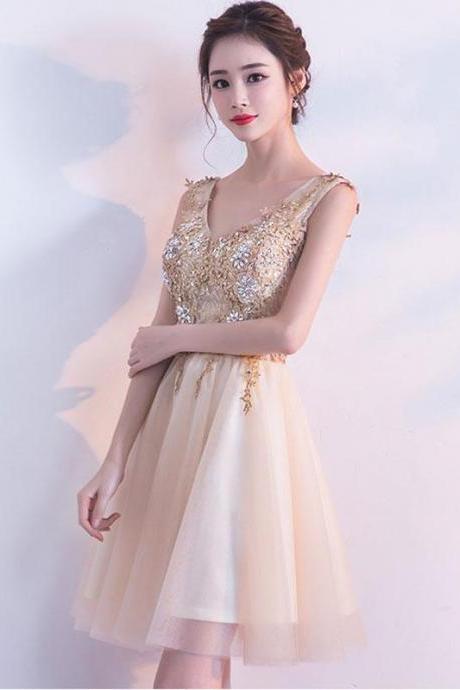 Champagne Lace Tulle Short Prom Dress,champagne Eveing Dress