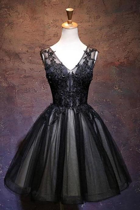 Black v neck lace short prom dress,black party dress