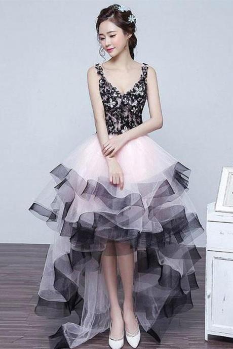 Cute V Neck High Low Tulle Prom Dress,lace Evening Dress