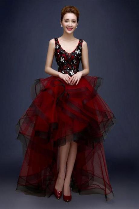 Burgundy V Neck High Low Tulle Prom Dress,lace Evening Dress