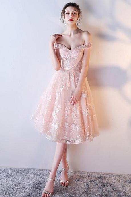 Pink Lace Off Shoulder Short Prom Dress,lace Evening Dress