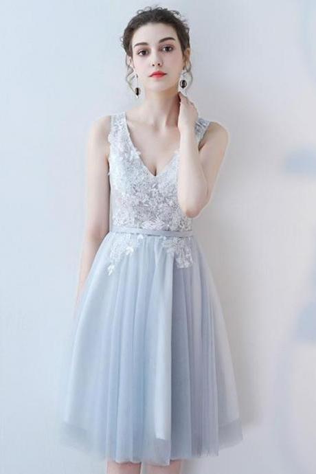Cute V Neck Lace Tulle Short Prom Dress,homecoming Dress