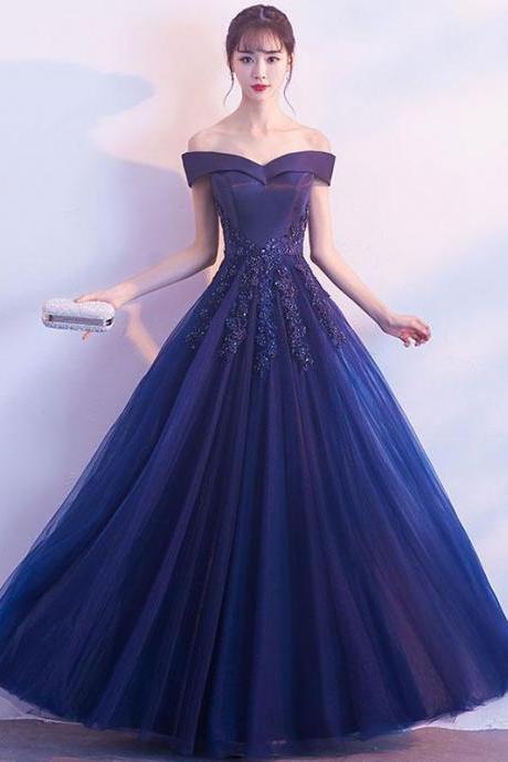 Dark Blue Off Shoulder Long Prom Dress,blue Evening Dresses,gala Dress