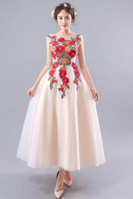 Champagne Tulle Tea Length Prom Dress,lace Evening Dress