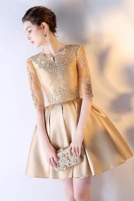 Gold Lace Satin Short Prom Dress,gold Eveninng Dress