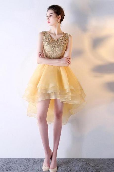 Gold Lace Tulle Short Prom Dress,high Low Evening Dress