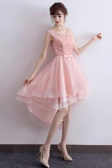 Cute Pink Lace Short Prom Dress,high Low Evening Dress