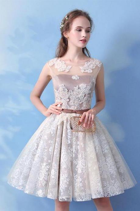 Cute Round Neck Lace Short Prom Dress,lace Evening Dress