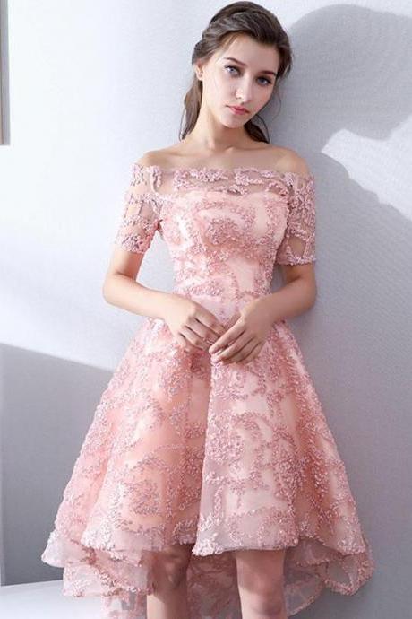 Pink Lace High Low Prom Dress,lace Evening Dress